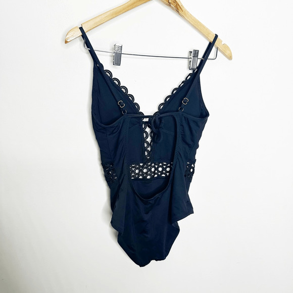 BECCA Siren Plunging One Piece Swimsuit navy blue eyelet full coverage womens S - Picture 4 of 7